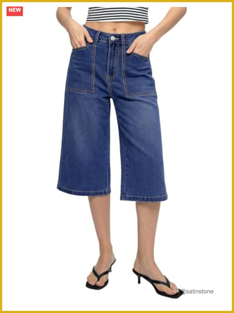 High Waisted Wide Leg Capri Jeans With Pockets Stretch Denim Culottes